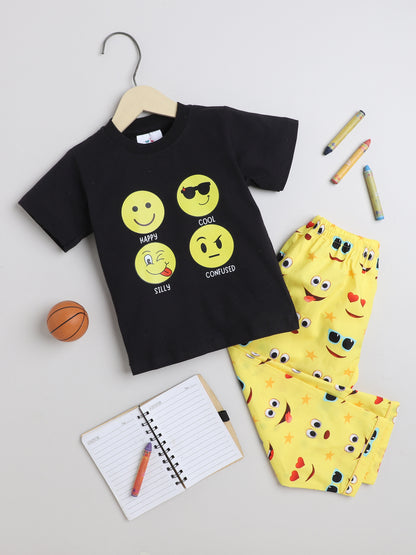 Emojis Print T-shirt and Pyjama- Black & Yellow