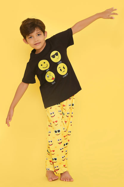 Emojis Print T-shirt and Pyjama- Black & Yellow