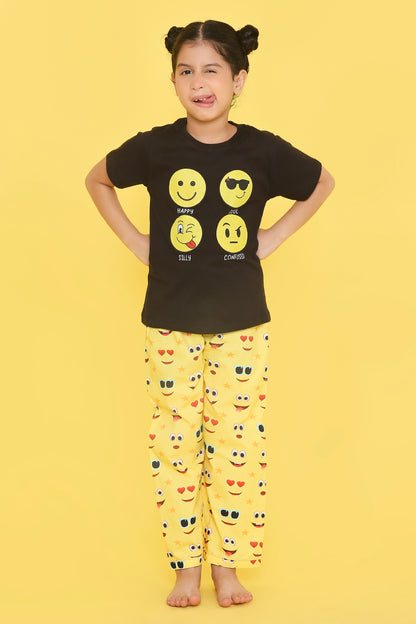 Emojis Print T-shirt and Pyjama- Black & Yellow