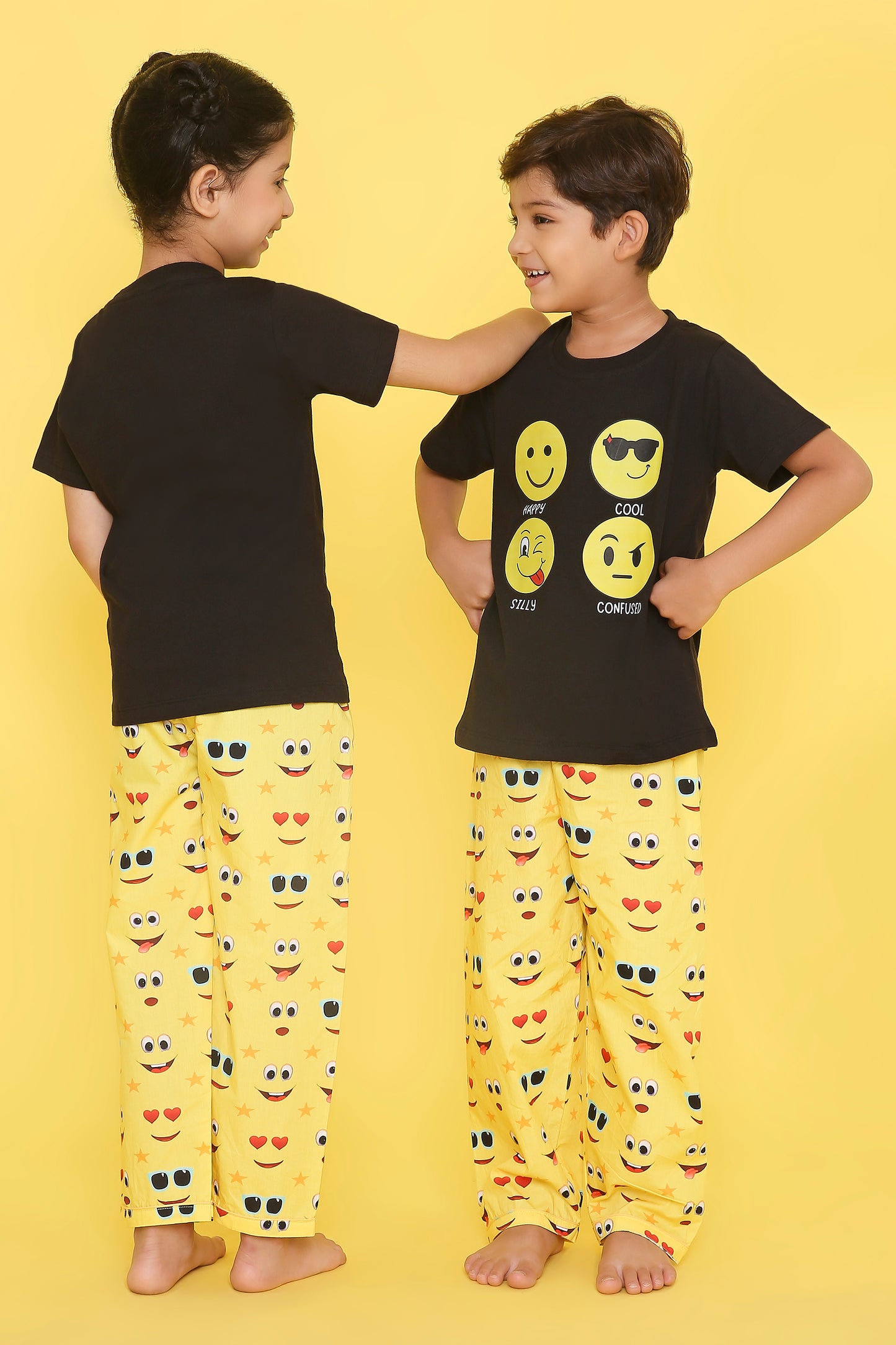 Emojis Print T-shirt and Pyjama- Black & Yellow