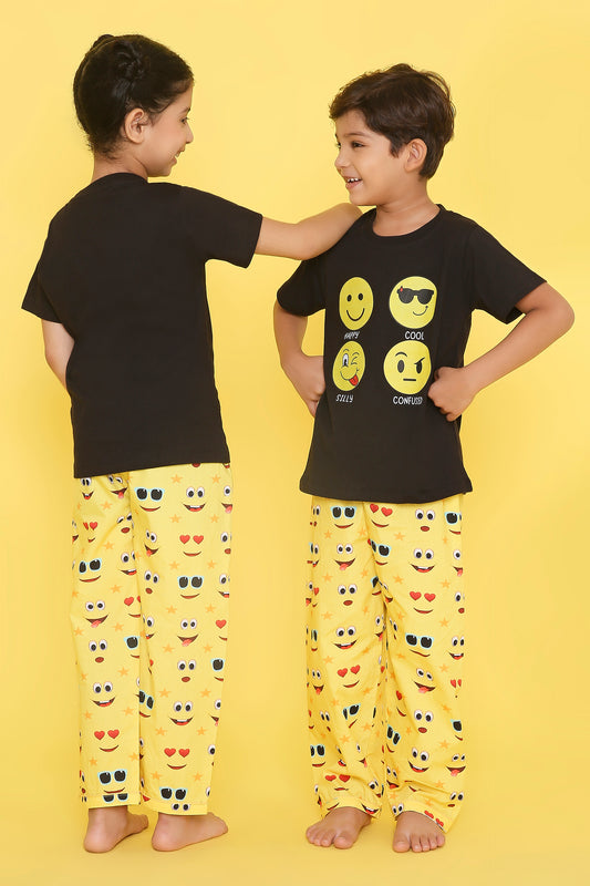 Emojis Print T-shirt and Pyjama- Black & Yellow