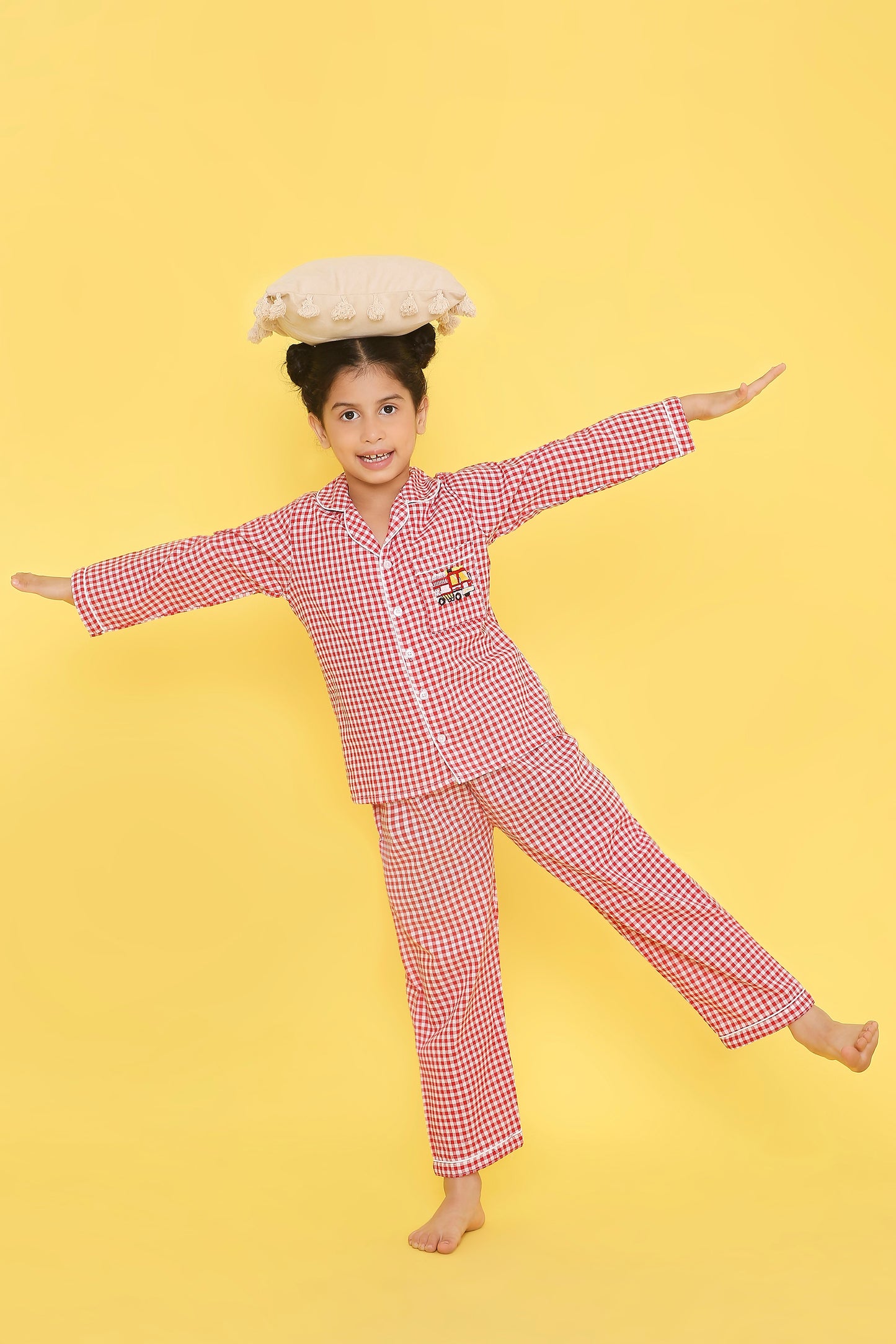 Red And White Checks Night Suit With Cute Fire Brigade Embroidery On Pocket