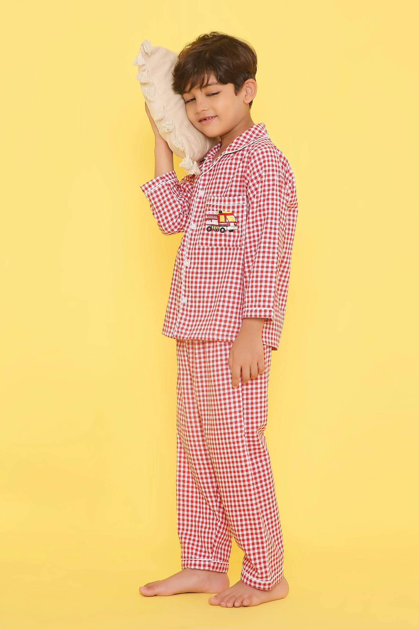 Red And White Checks Night Suit With Cute Fire Brigade Embroidery On Pocket