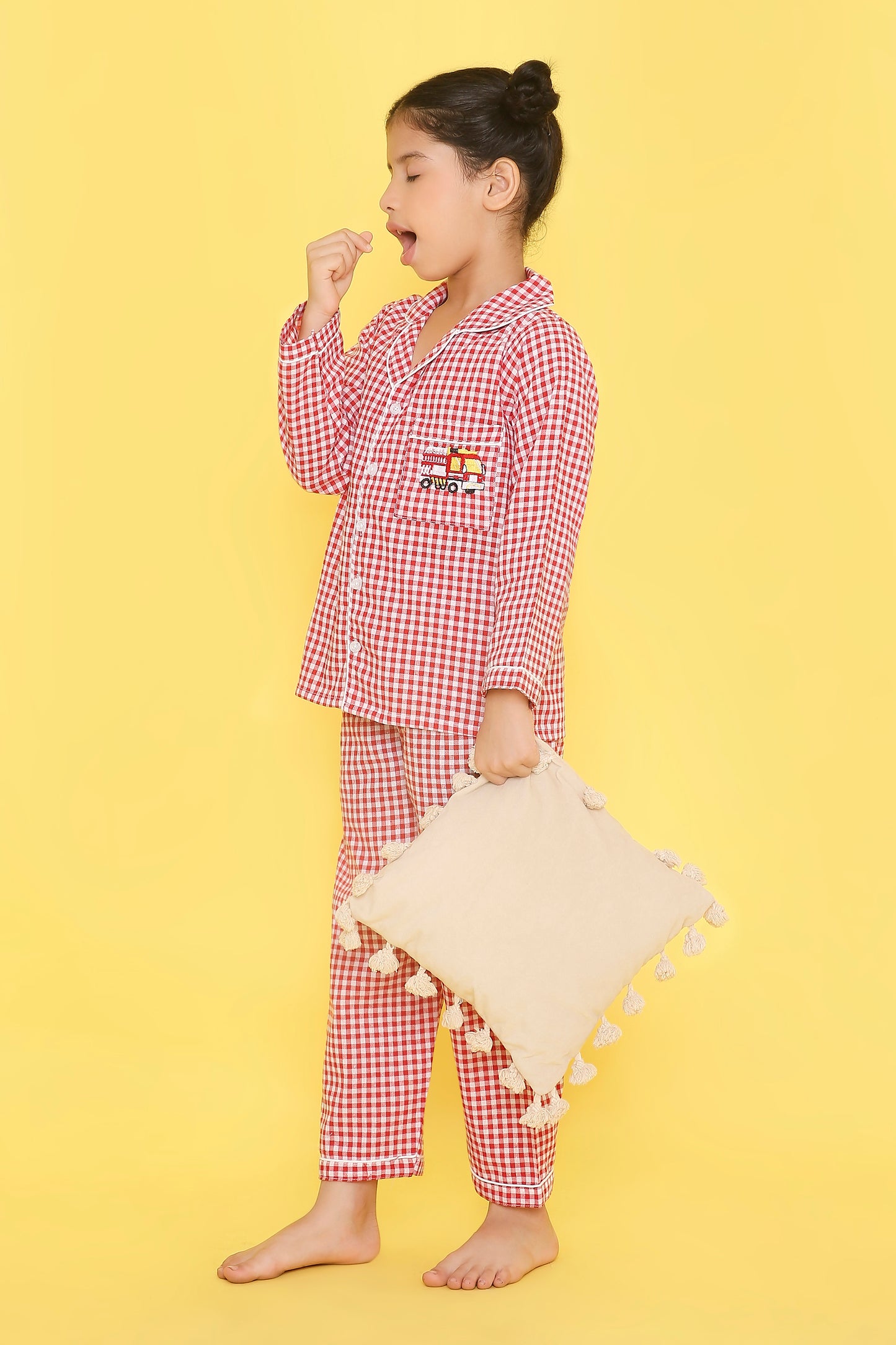 Red And White Checks Night Suit With Cute Fire Brigade Embroidery On Pocket