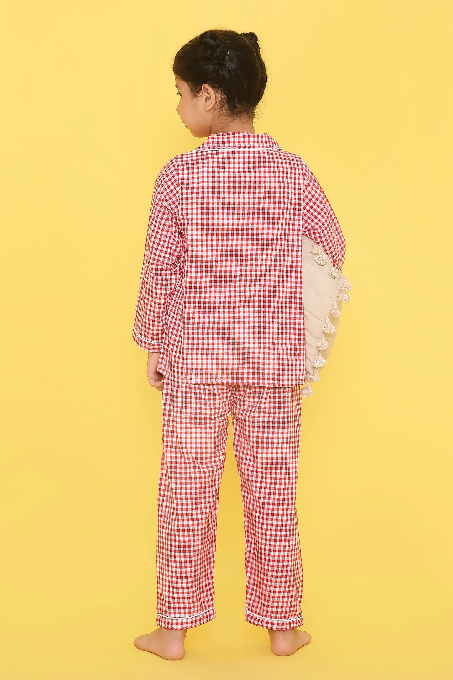 Red And White Checks Night Suit With Cute Fire Brigade Embroidery On Pocket