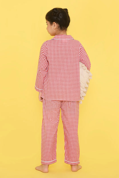 Red And White Checks Night Suit With Cute Fire Brigade Embroidery On Pocket