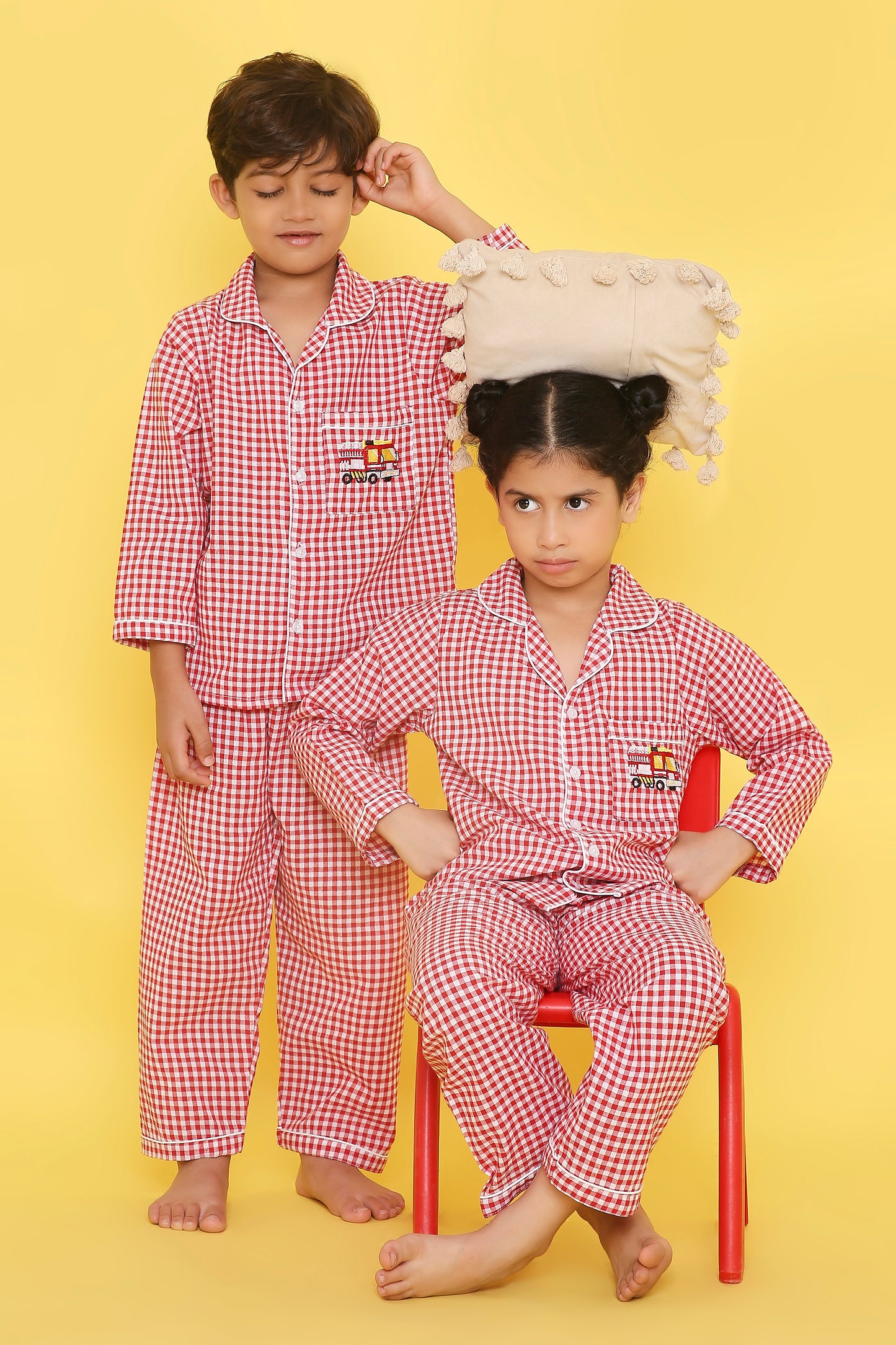 Red And White Checks Night Suit With Cute Fire Brigade Embroidery On Pocket