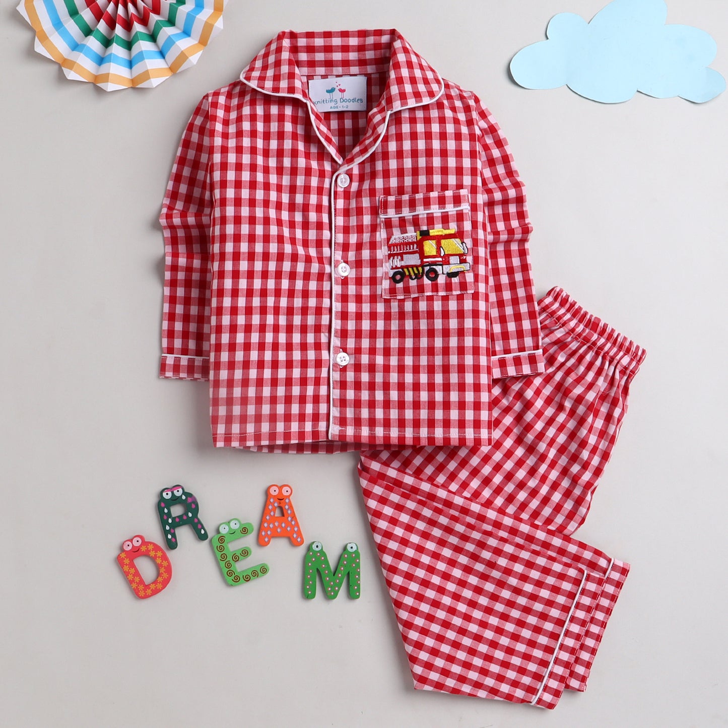 Red And White Checks Night Suit With Cute Fire Brigade Embroidery On Pocket