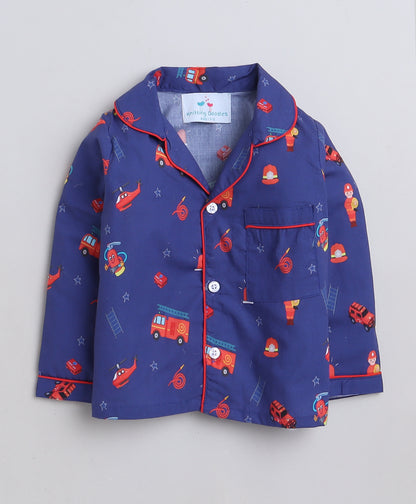 Knitting Doodles Premium cotton Kids' Notched Collar Night suit in Cute Fire Squad Print- Blue