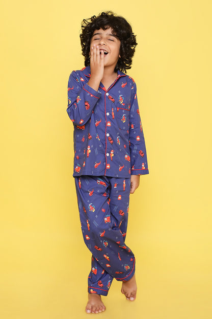 Knitting Doodles Premium cotton Kids' Notched Collar Night suit in Cute Fire Squad Print- Blue