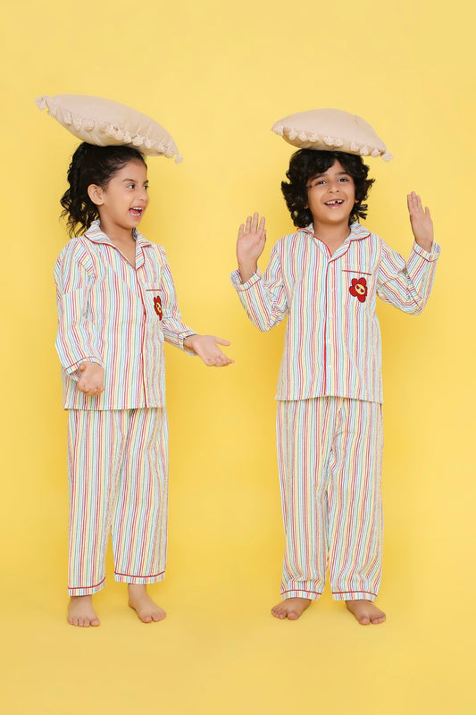 Multi-Coloured Stripes Nightsuit with Flower Embroidery on Pocket