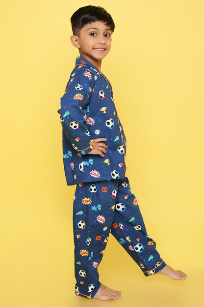 Football Print Night Suit- Dark Blue