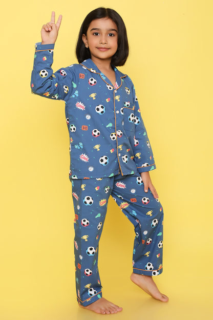 Football Print Night Suit- Dark Blue