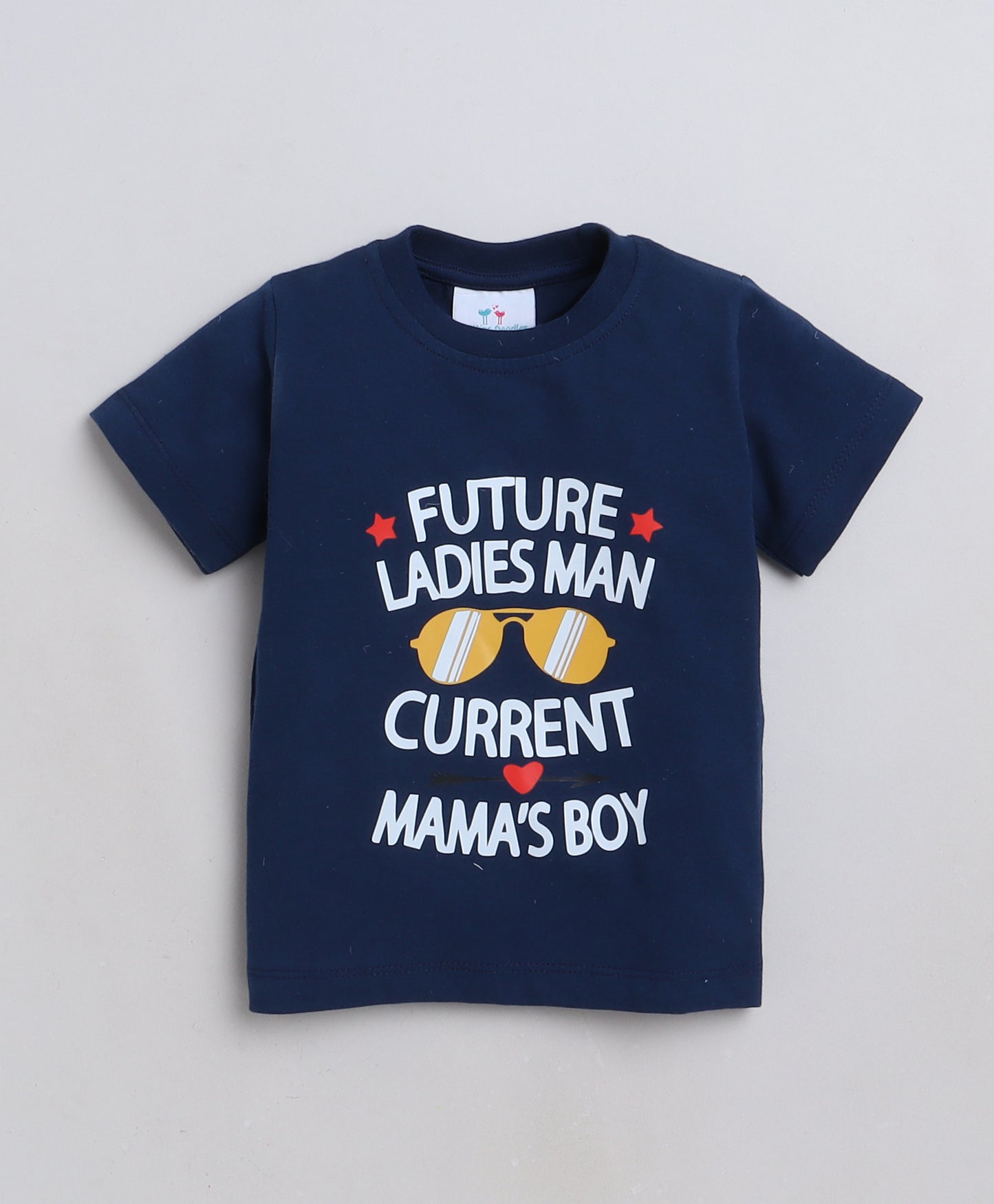 Knitting Doodles Premium Cotton Kids' Night suit with Mama's Boy print t-shirt and Pyjama- Blue and White