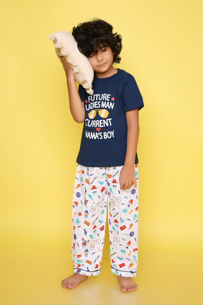 Knitting Doodles Premium Cotton Kids' Night suit with Mama's Boy print t-shirt and Pyjama- Blue and White