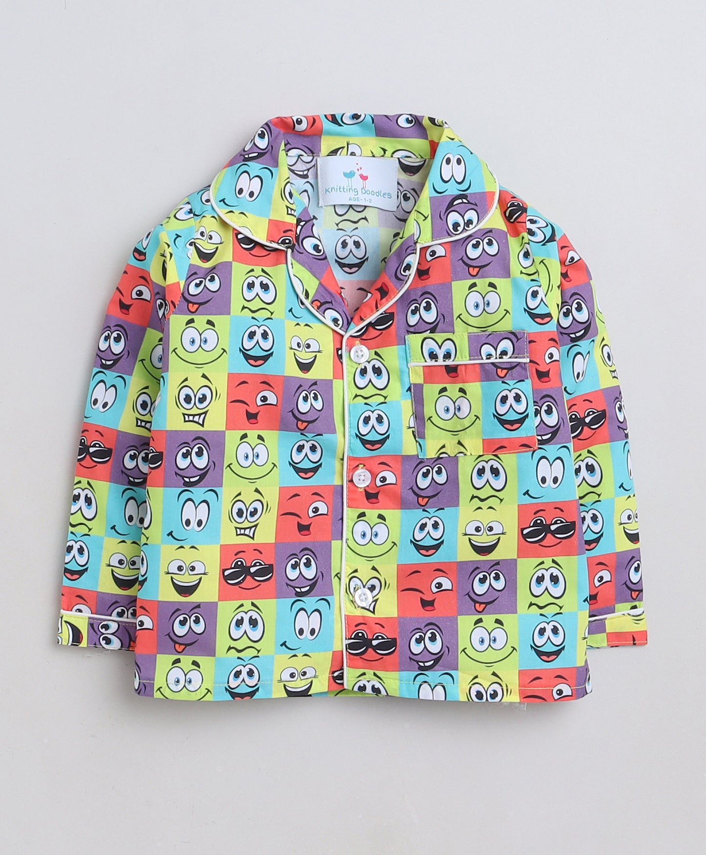 Knitting Doodles Premium cotton Kids' Notched Collar Night suit in smart Funny Faces Print- Multi
