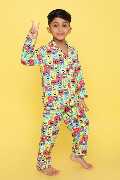 Knitting Doodles Premium cotton Kids' Notched Collar Night suit in smart Funny Faces Print- Multi