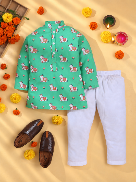 Mint Meadow Cow Kurta Pyjama Set