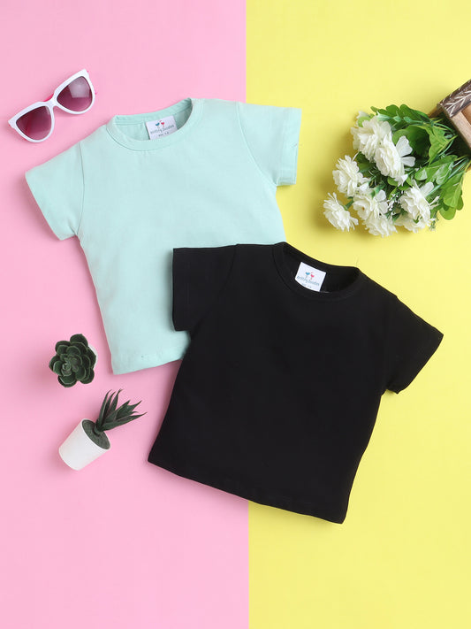 Girls’ Pure Cotton Solid T-Shirt Combo Pack of 2- Black and Seagreen