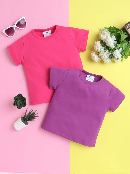 Girls’ Pure Cotton Solid T-Shirt Combo Pack of 2- Dark Pink and Purple