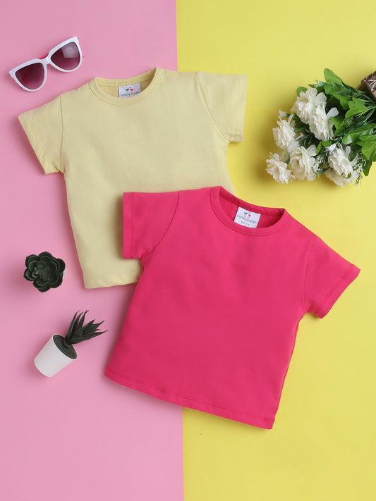 Girls’ Pure Cotton Solid T-Shirt Combo Pack of 2- Dark Pink and Lemon