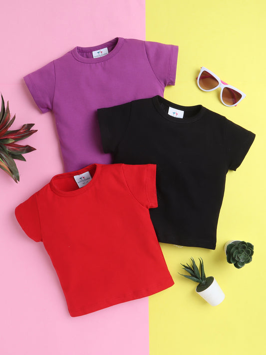 Girls’ Pure Cotton Solid T-Shirt Combo Pack of 3- Red, Black, and Purple