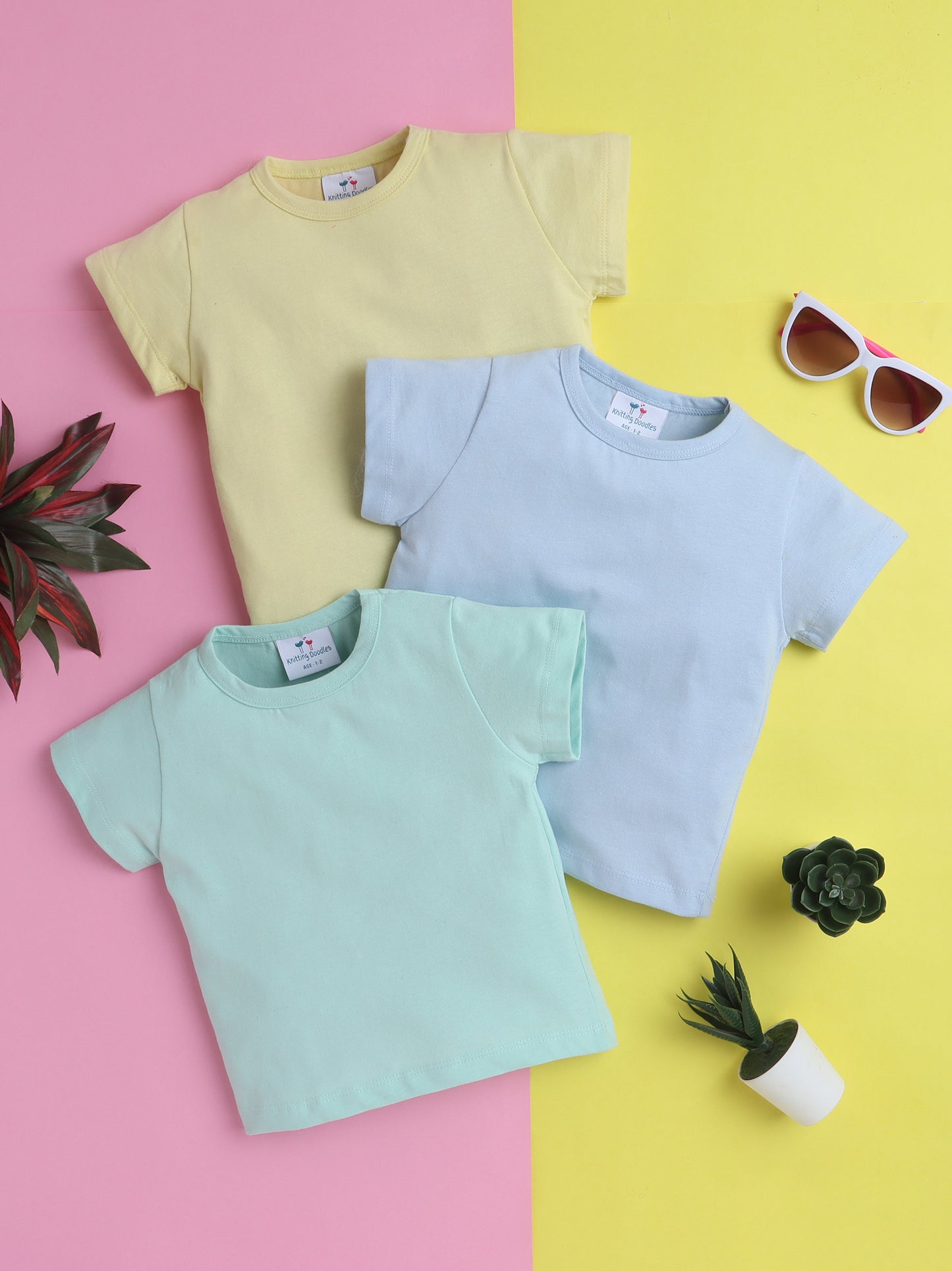Girls’ Pure Cotton Solid T-Shirt Combo Pack of 3- Sea Green, Lightblue, and Lemon Yellow
