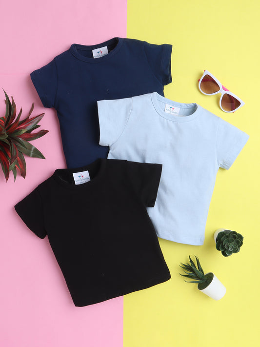 Girls’ Pure Cotton Solid T-Shirt Combo Pack of 3- Navy, Light blue, and Black