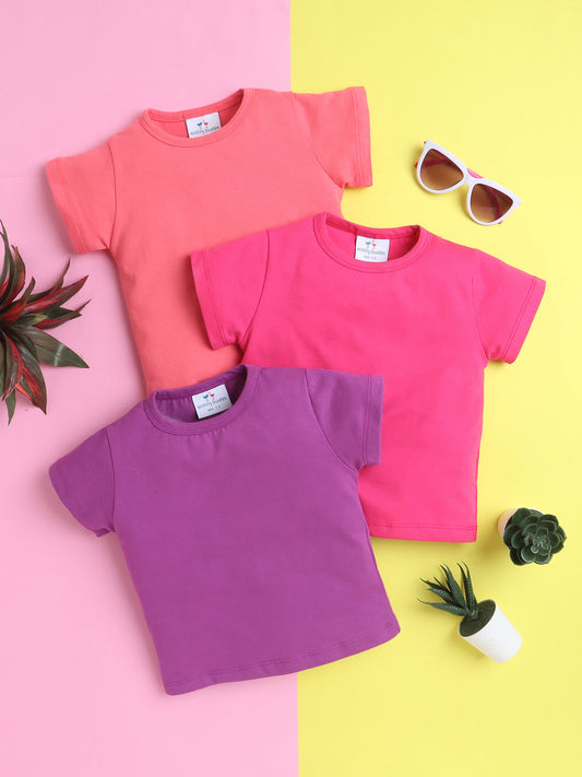 Girls’ Pure Cotton Solid T-Shirt Combo Pack of 3- Pink, Dark Pink, and Purple