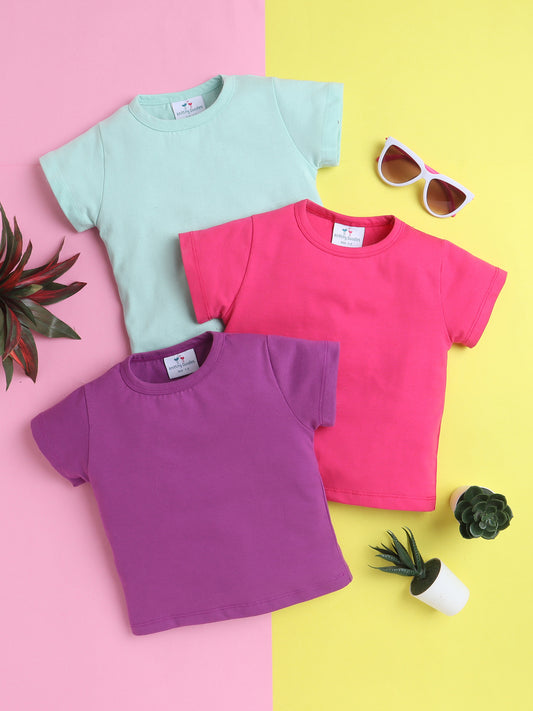 Girls’ Pure Cotton Solid T-Shirt Combo Pack of 3- Purple, Dark Pink, and Sea green