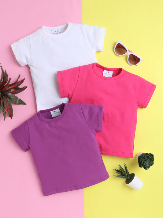 Girls’ Pure Cotton Solid T-Shirt Combo Pack of 3- Purple, Dark Pink, and White