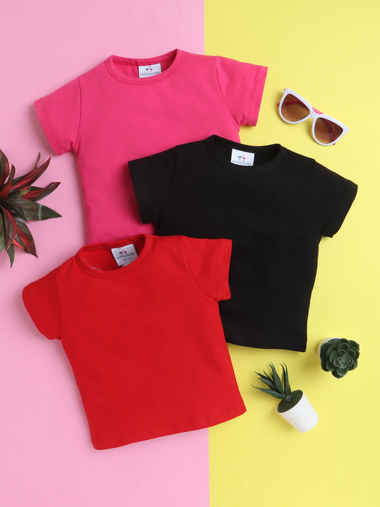 Girls’ Pure Cotton Solid T-Shirt Combo Pack of 3- Red, Dark Pink, and Black