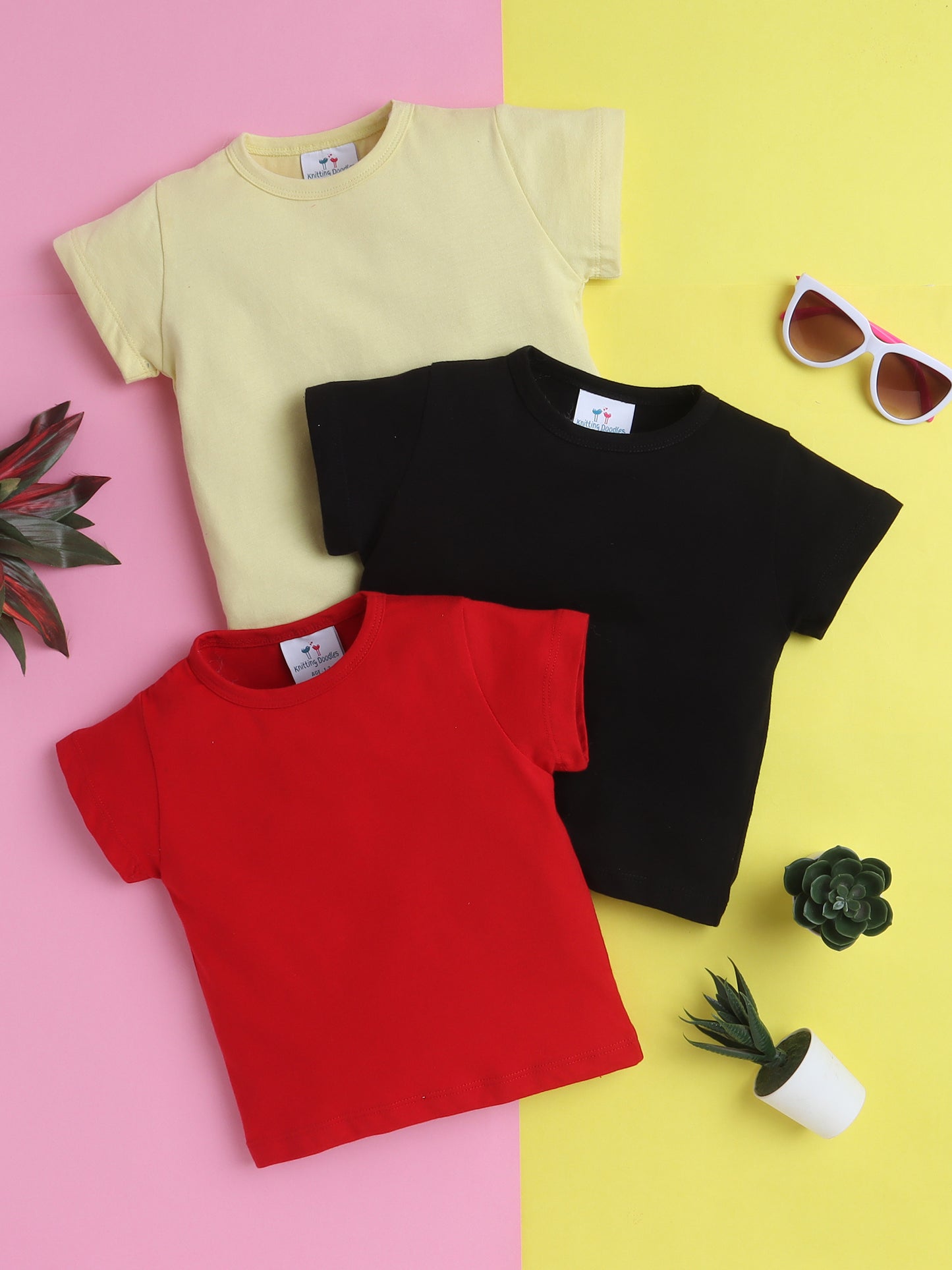 Girls’ Pure Cotton Solid T-Shirt Combo Pack of 3- Red, Lemon, and Black