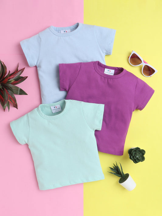 Girls’ Pure Cotton Solid T-Shirt Combo Pack of 3- Sea Green, Purple and Light Blue