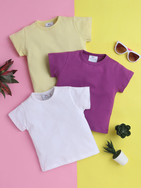 Girls’ Pure Cotton Solid T-Shirt Combo Pack of 3- White, Purple and Lemon