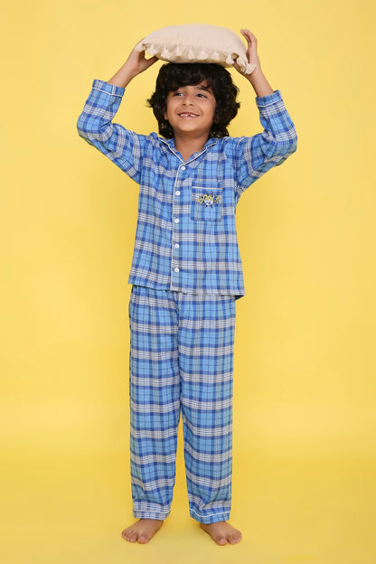 Blue Checks Nightsuit with Goal Embroidery on Pocket