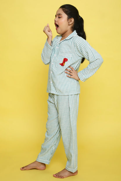 Green and White Stripes Night Suit with cute dinosaur embroidery on the pocket