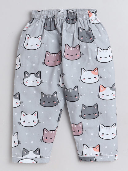 Cats Print Night Suit- Grey