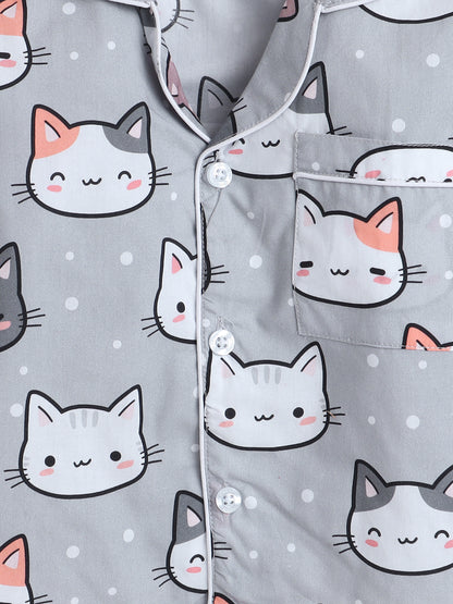 Cats Print Night Suit- Grey