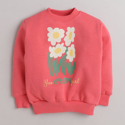 Cute Flower Print Sweatshirt with Fleece Lining- Pink