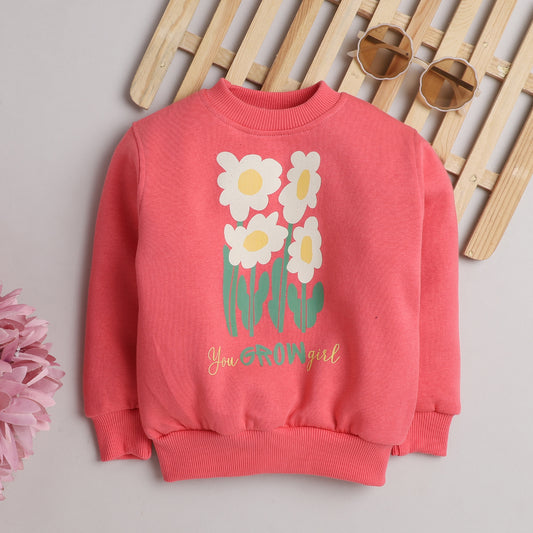 Cute Flower Print Sweatshirt with Fleece Lining- Pink