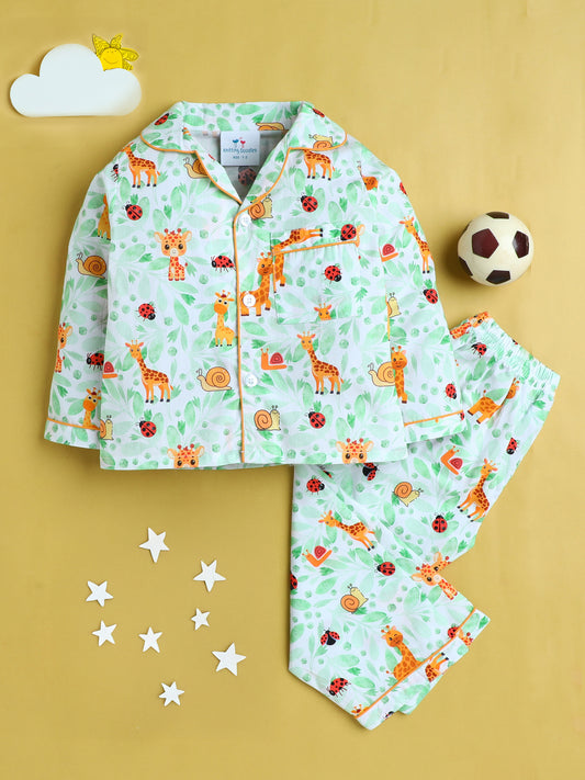 Lady Bugs, Giraffee and Snail Print Nightsuit- White