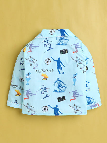 Football Print Nightsuit- Light Blue