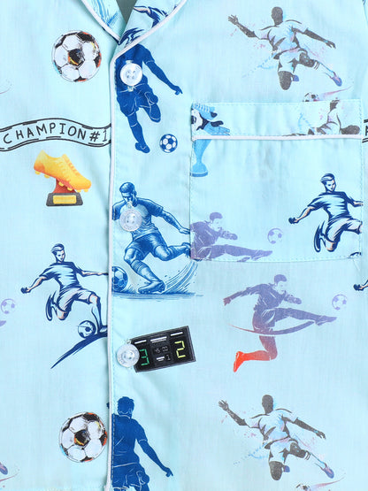 Football Print Nightsuit- Light Blue