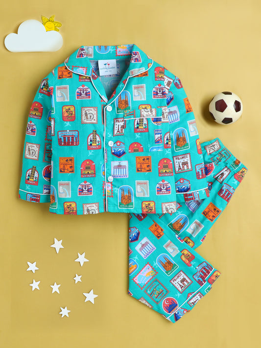 Stamps Print Nightsuit- Green