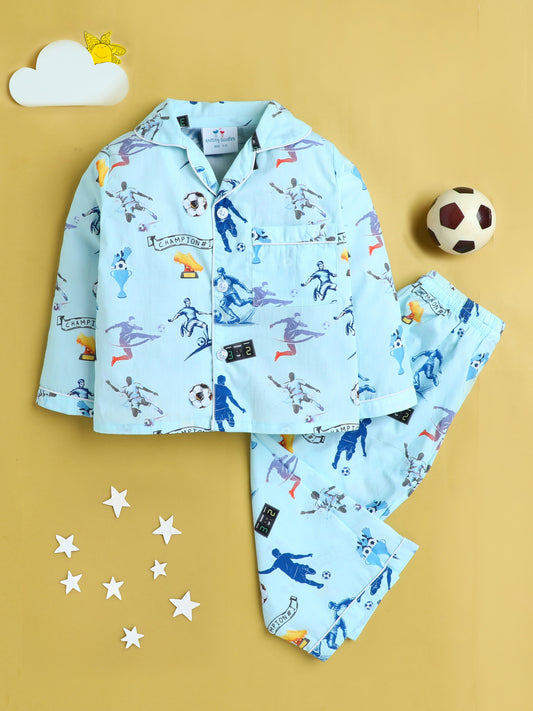 Football Print Nightsuit- Light Blue