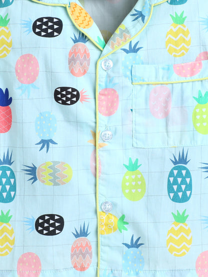 Pineapple Print Nightsuit- Light Blue