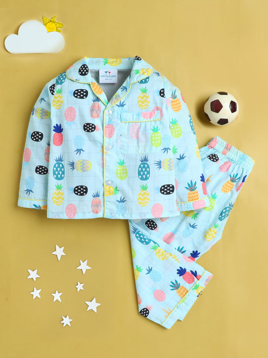 Pineapple Print Nightsuit- Light Blue