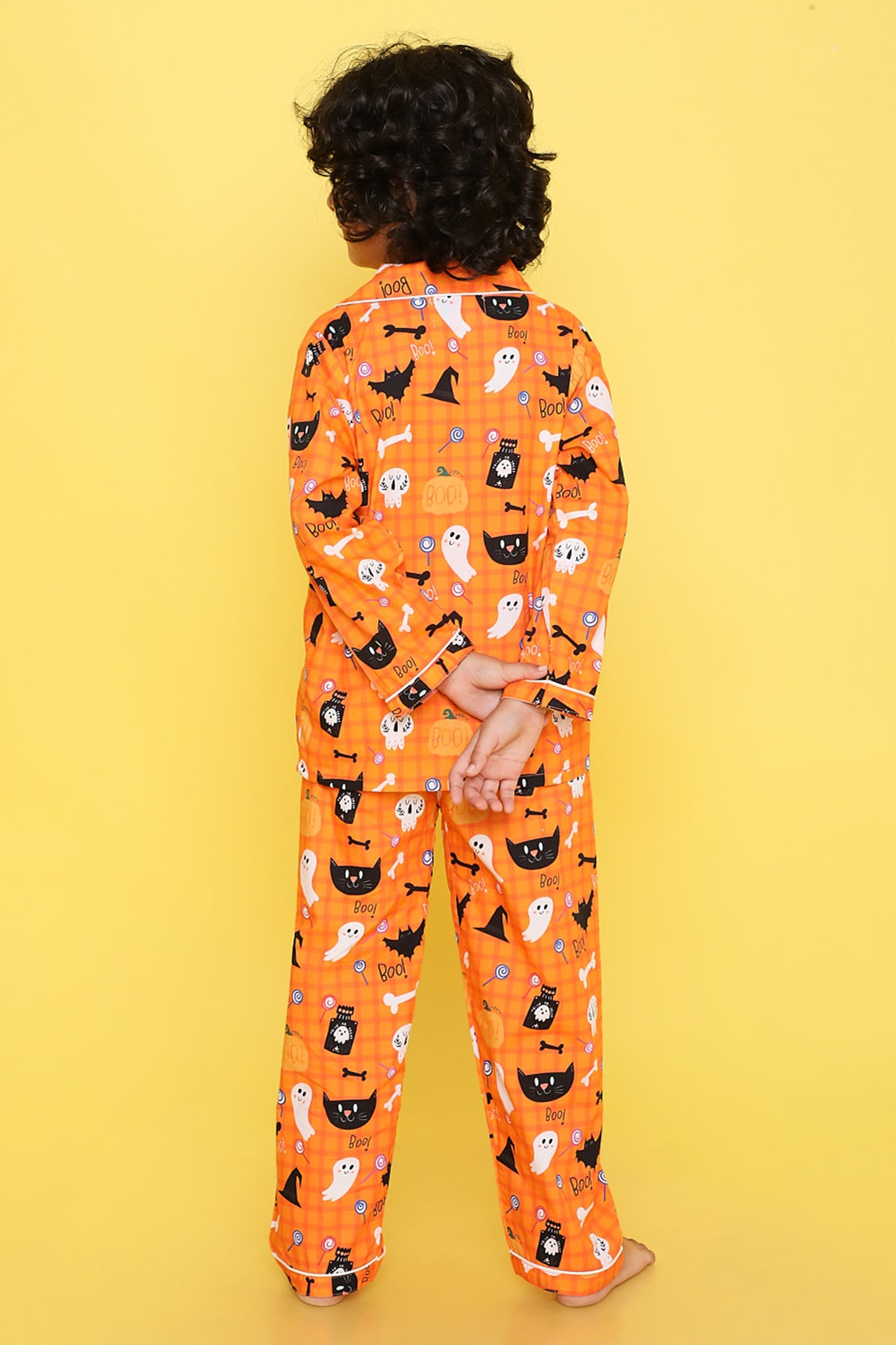 Knitting Doodles Premium cotton Kids' Notched Collar Night suit in cute haloween pumpkin and ghosts Print- Orange