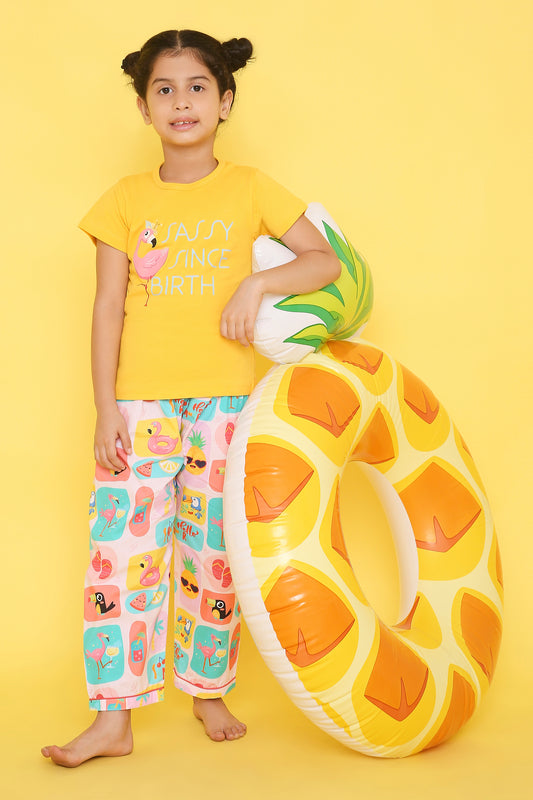 Flamingoes Print T-shirt and Pyjama- Yellow